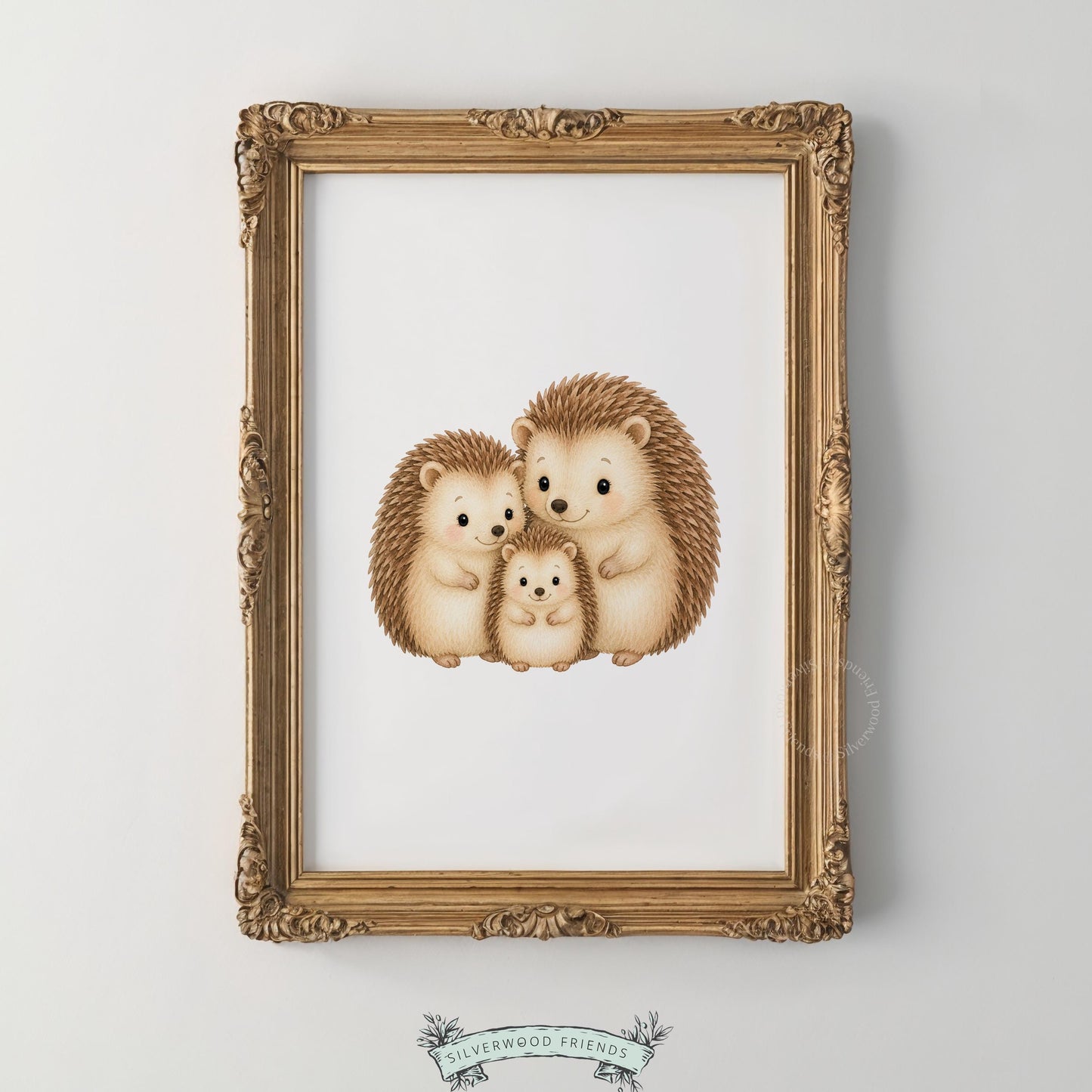 Nestled hedgehog family painting for new baby gift — soft illustrated woodland animals in creamy brown