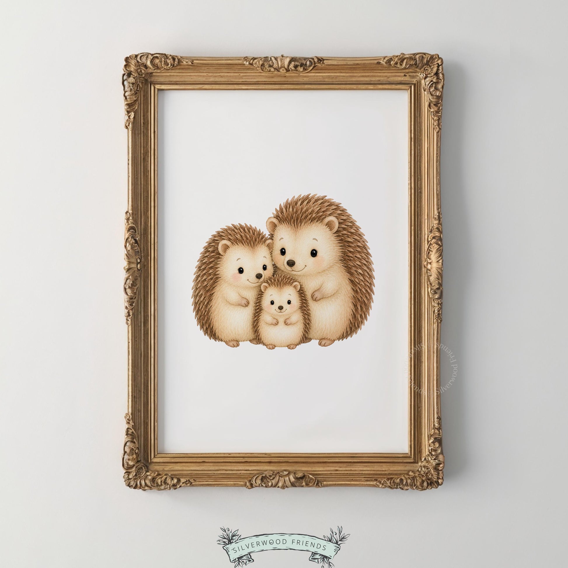 Nestled hedgehog family painting for new baby gift — soft illustrated woodland animals in creamy brown