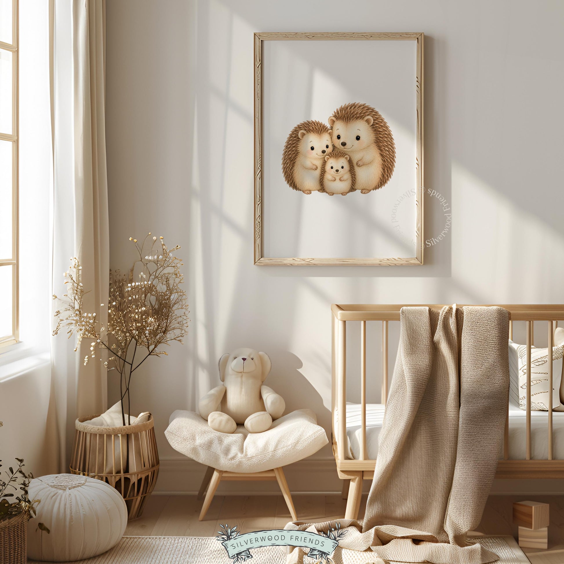 Family of hedgehogs poster for neutral nursery — tender watercolor-style animal illustration in warm hues