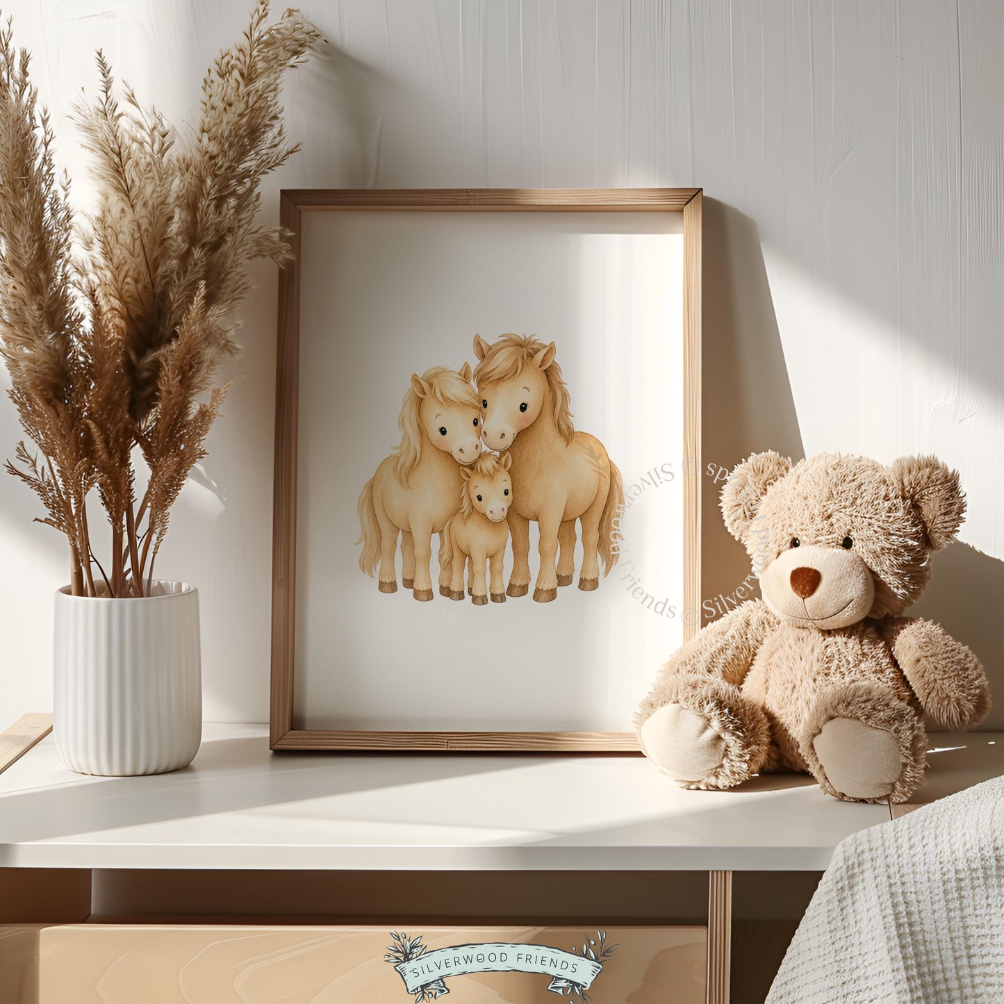 Newborn foal with parents digital wall art for playroom — gentle nursery-style illustration