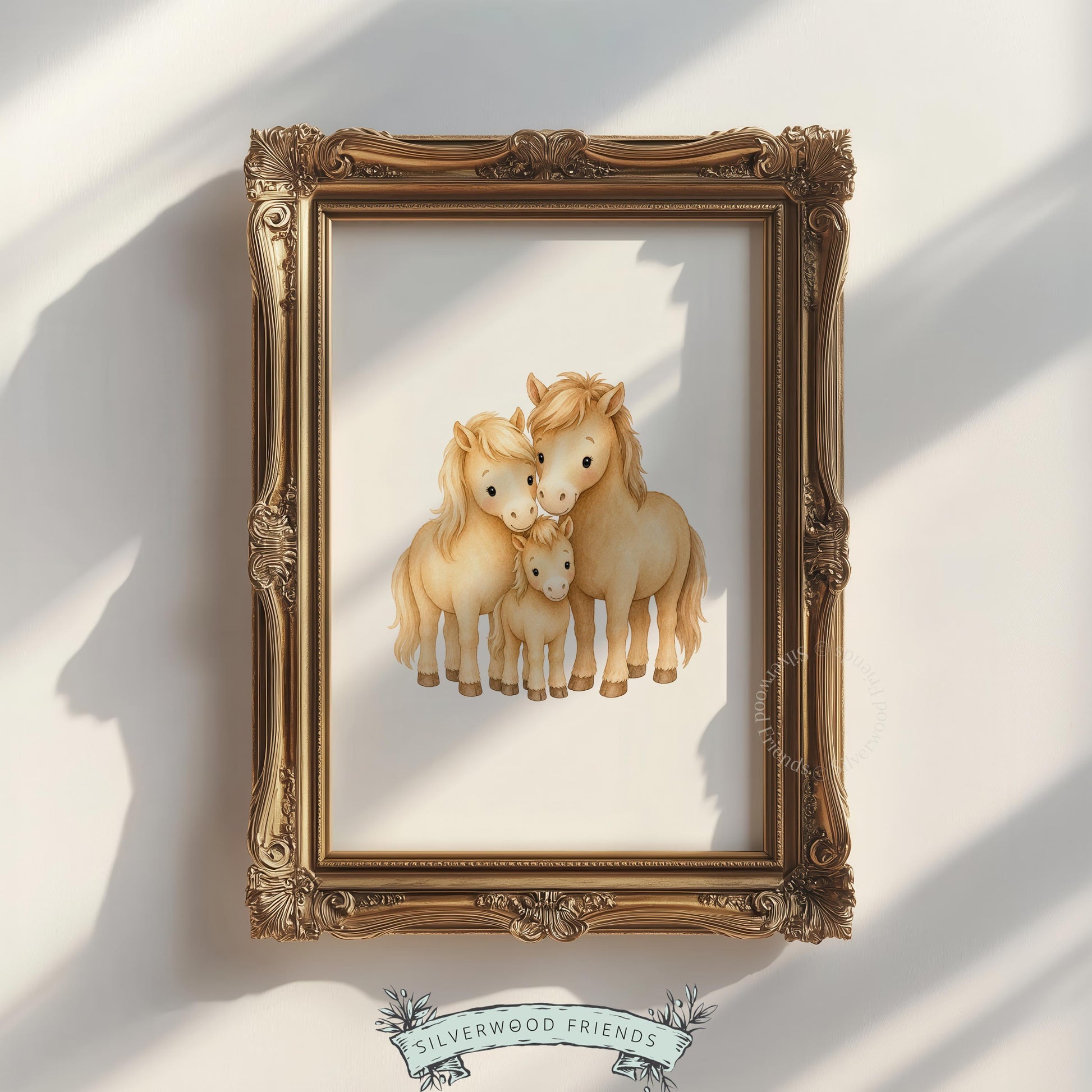 Pony family portrait painting for baby bedroom — tender watercolor design with neutral golden tones