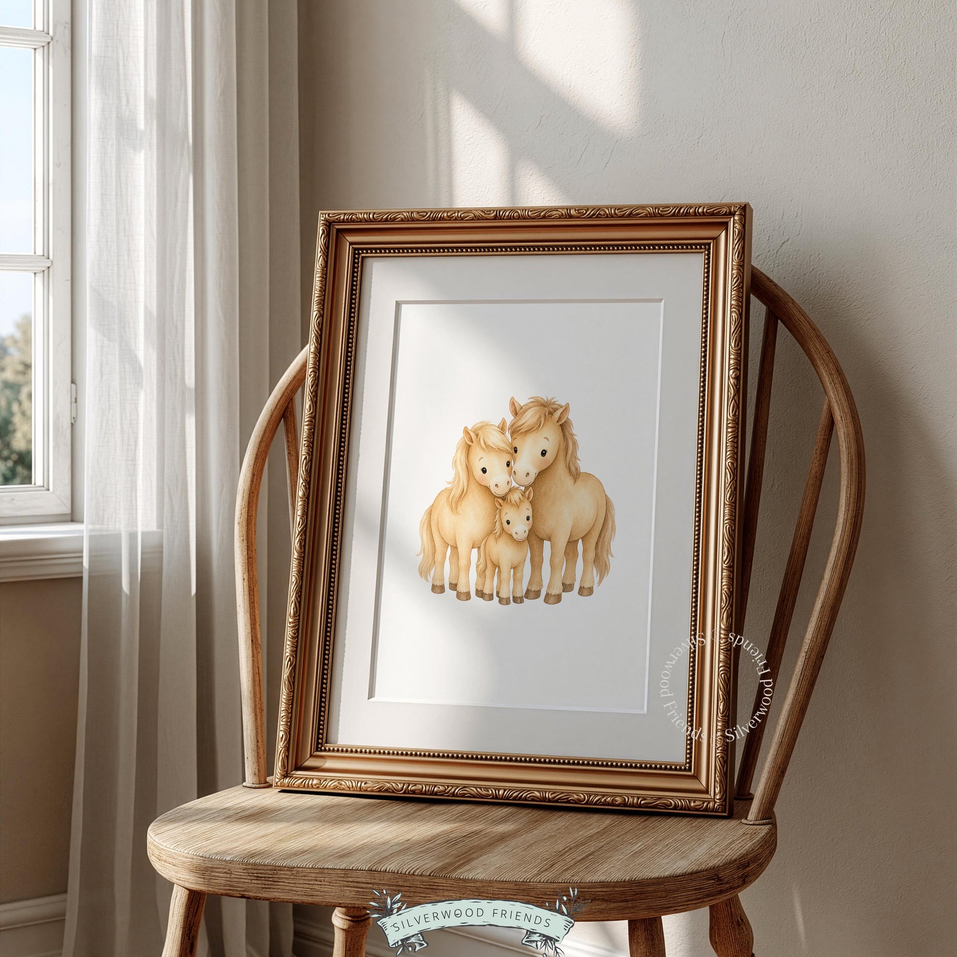 Cute pony siblings digital print for toddler room — warm watercolor family scene perfect for kids