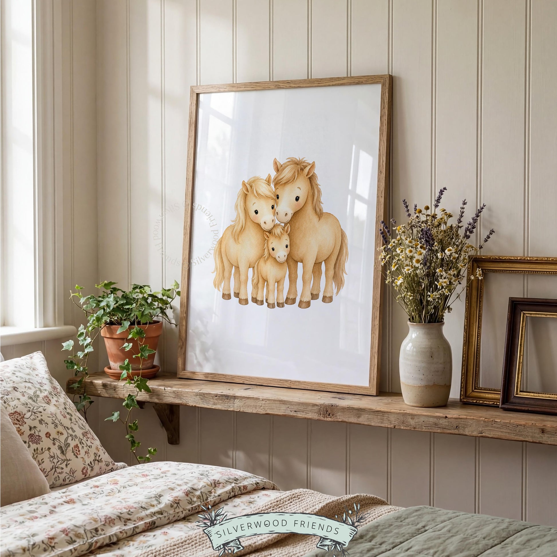 Three horses together artwork instant download — warm, nurturing nursery print on clean background
