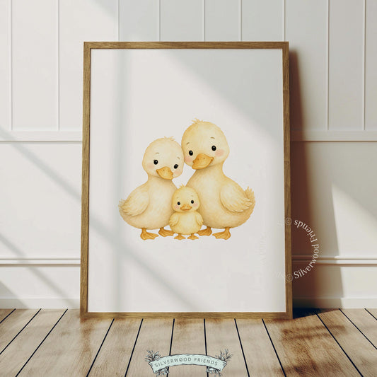 Duckling nursery poster with neutral colors — sweet watercolor artwork featuring three tender chicks