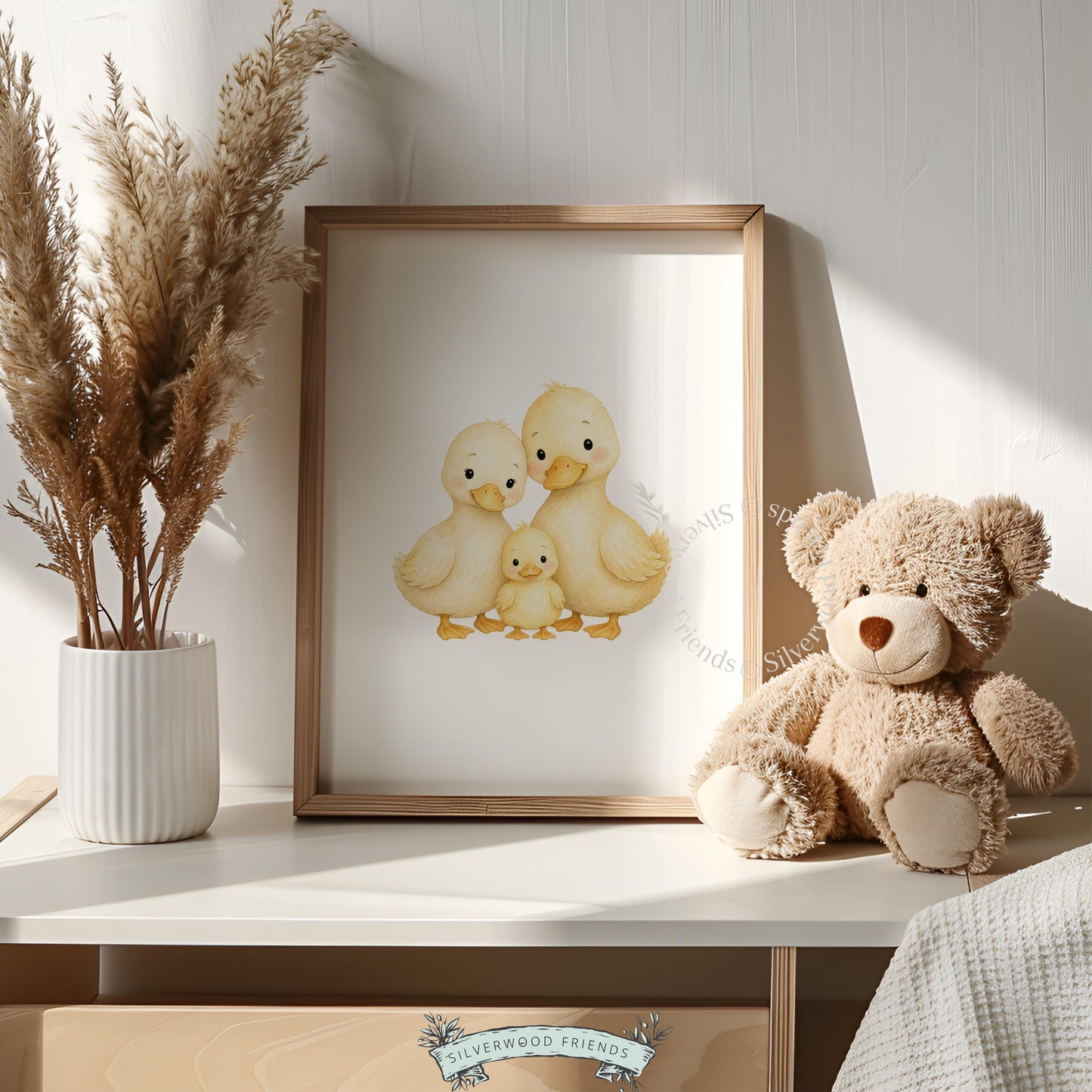 Adorable ducks painting wall art for baby — soft, gentle watercolor with cozy family scene aesthetic