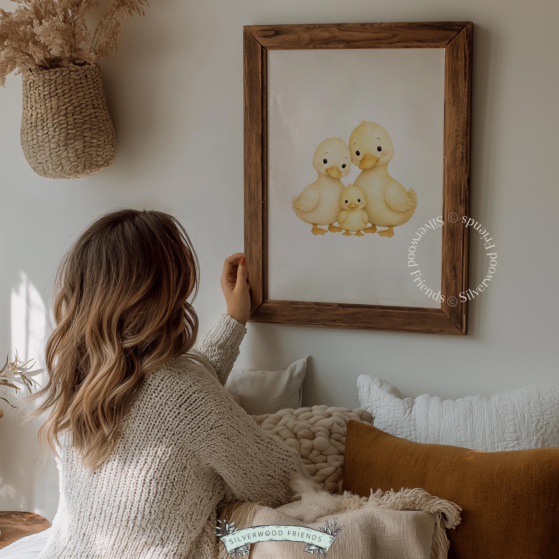 Duckling family artwork printable download — soft watercolor rendering of three tender baby birds
