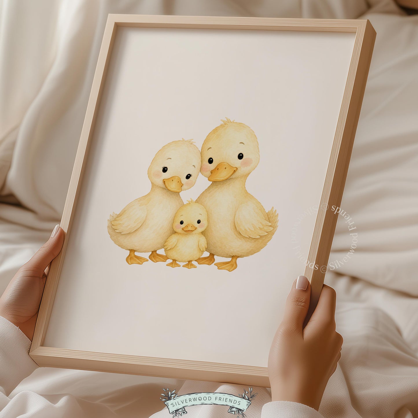 Duckling wall decor printable for playroom — tender watercolor family portrait in calming warm hues