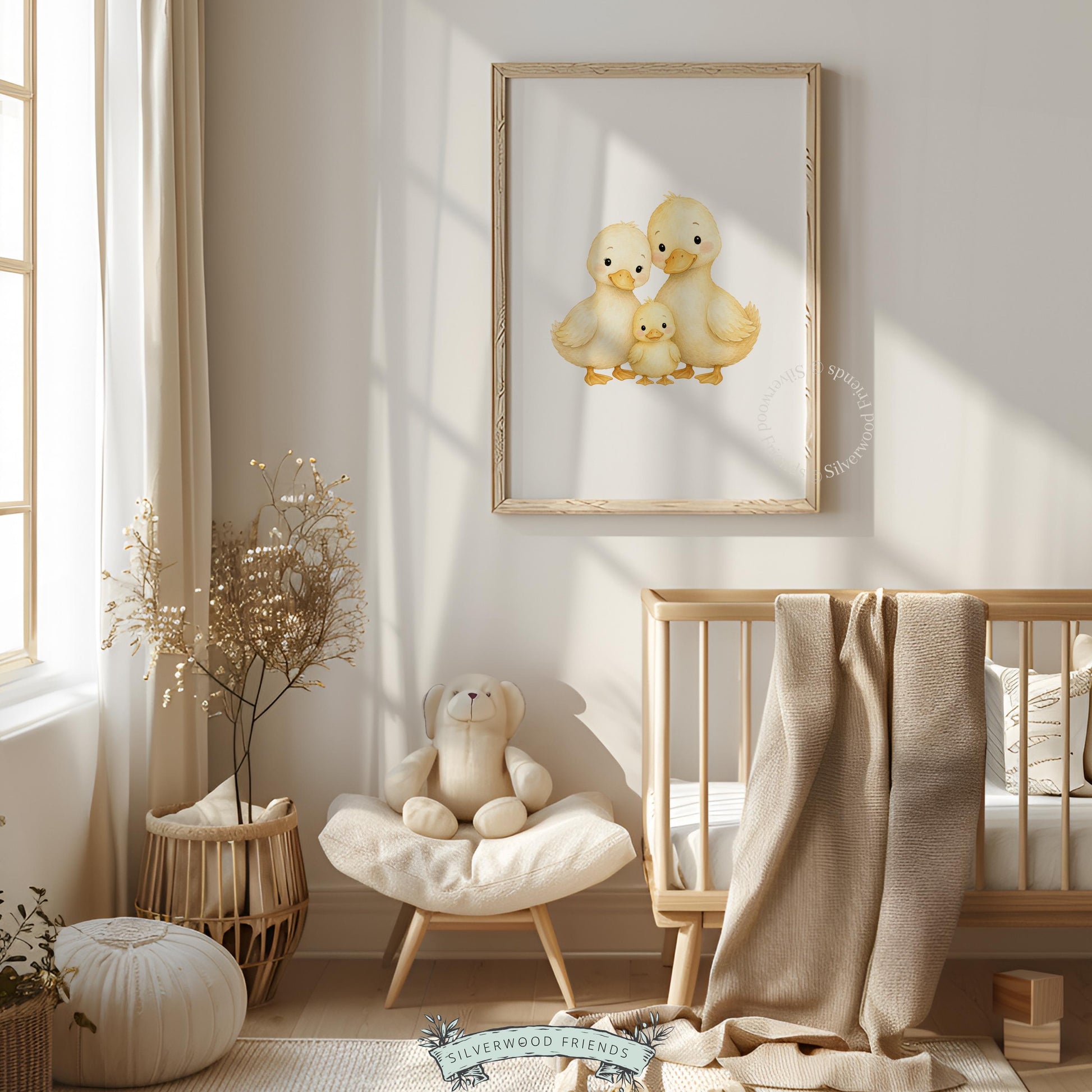 Cute duckling wall print for new baby gift — tender watercolor artwork with peaceful family aesthetic