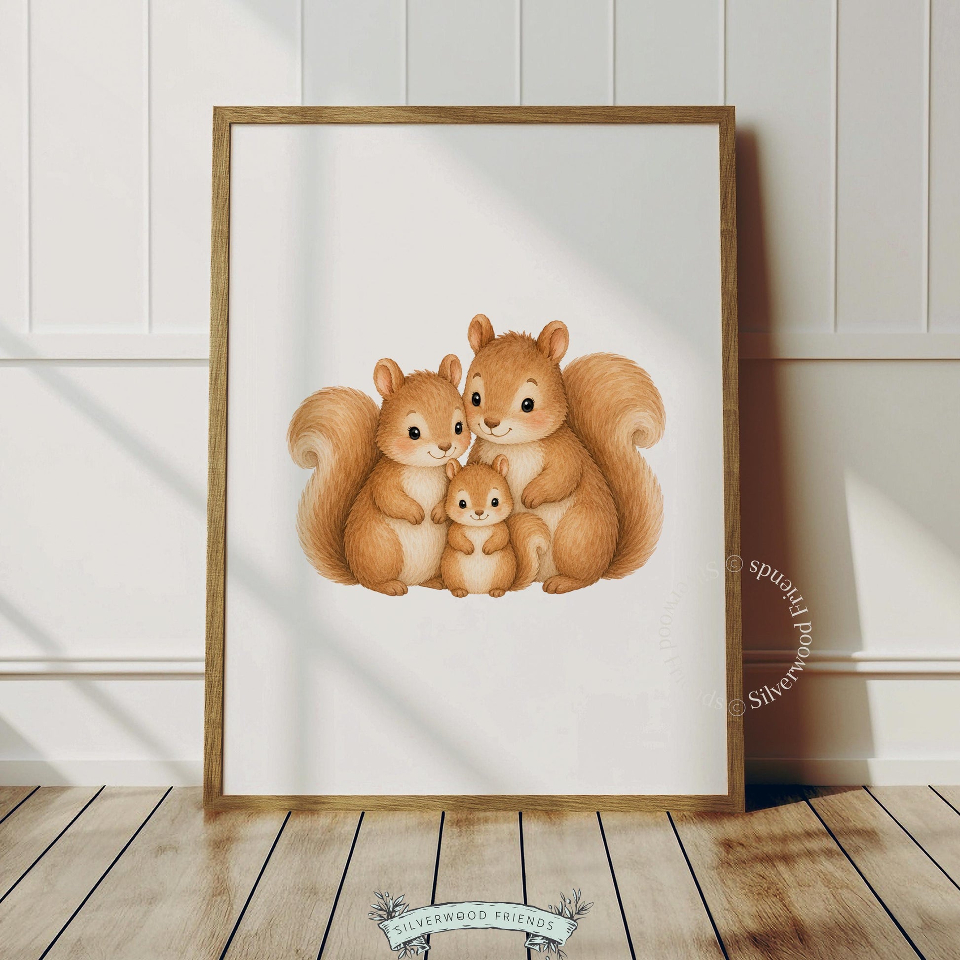 Nature-inspired squirrel family digital poster — warm illustrated forest creatures for neutral nursery