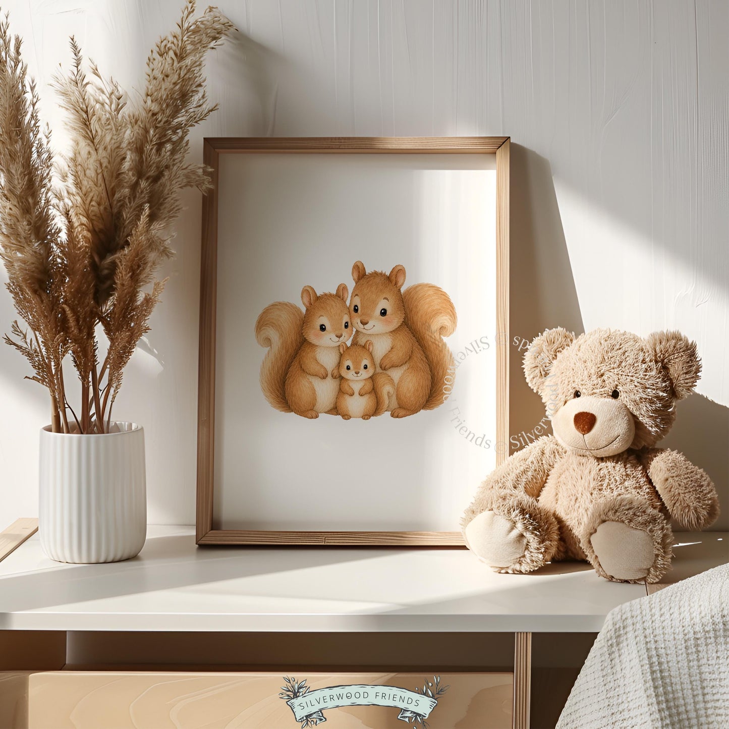 Nursery wall print featuring squirrel family — warm-toned woodland illustration for playroom