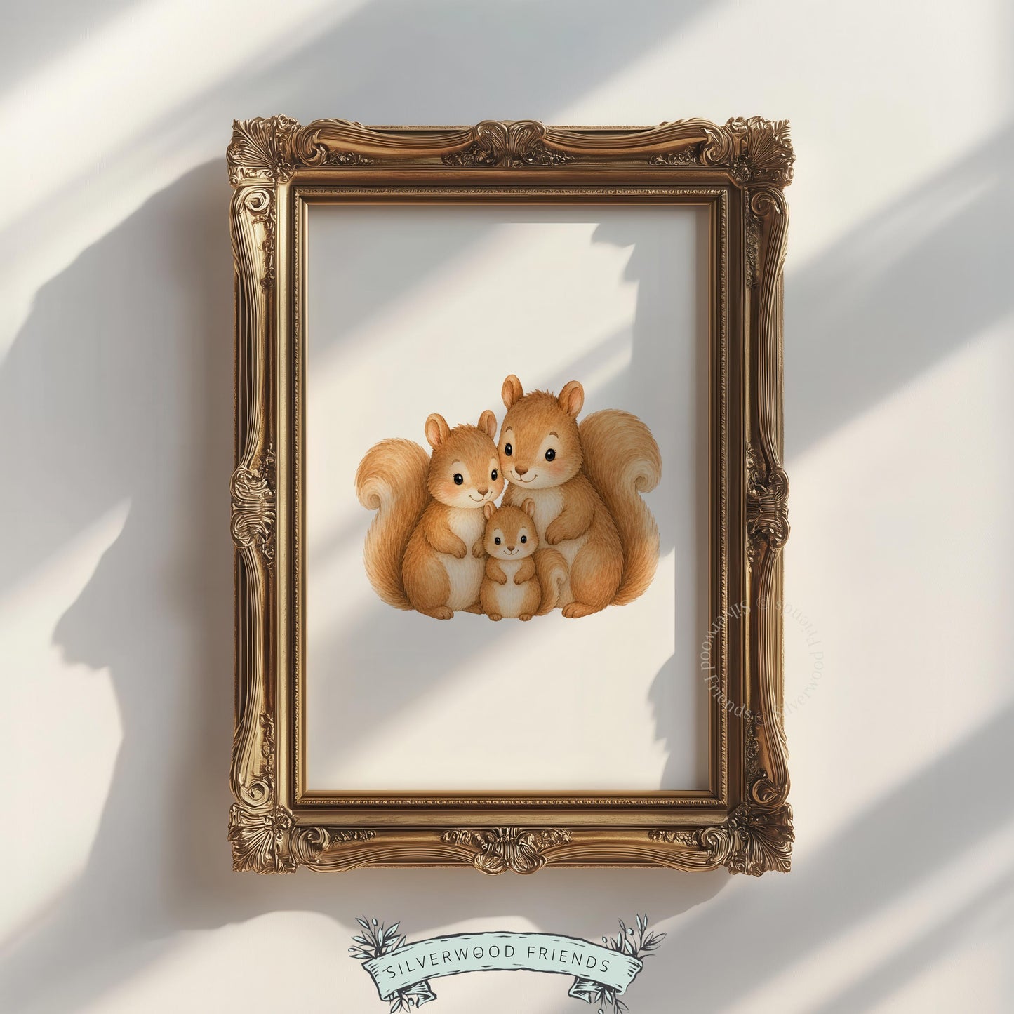 Woodland creature poster for baby room — sweet squirrel family illustration in soothing watercolor style