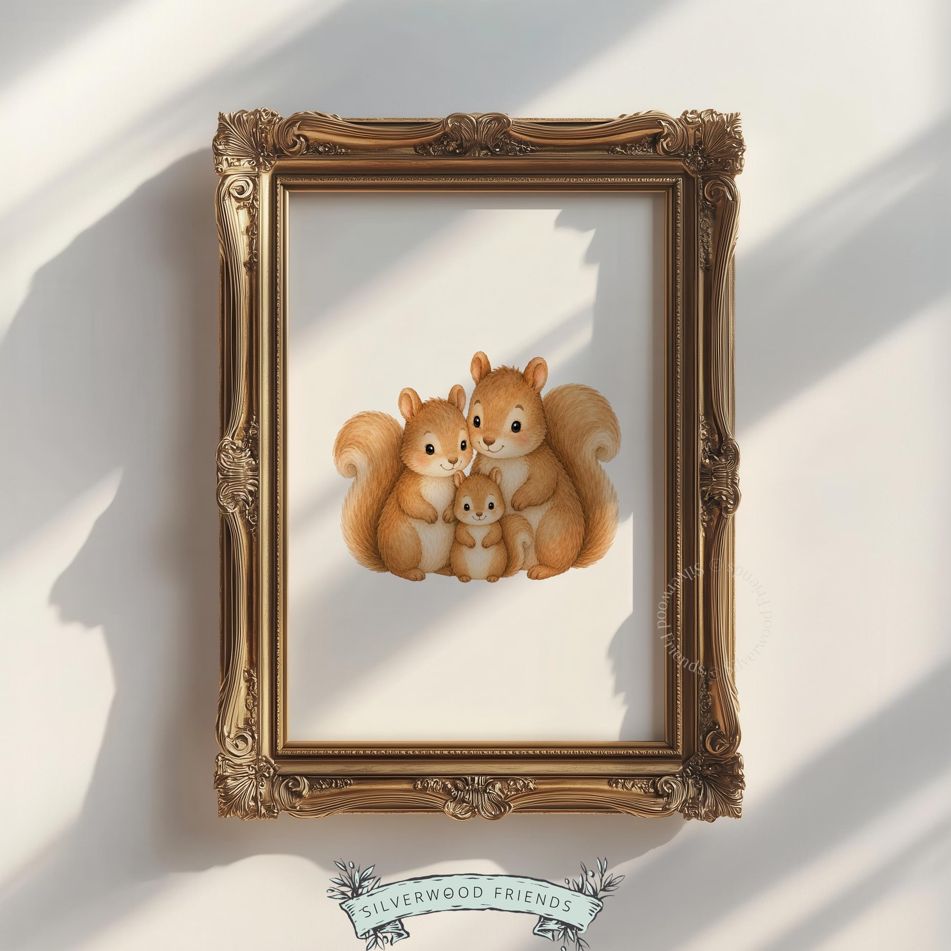 Woodland creature poster for baby room — sweet squirrel family illustration in soothing watercolor style