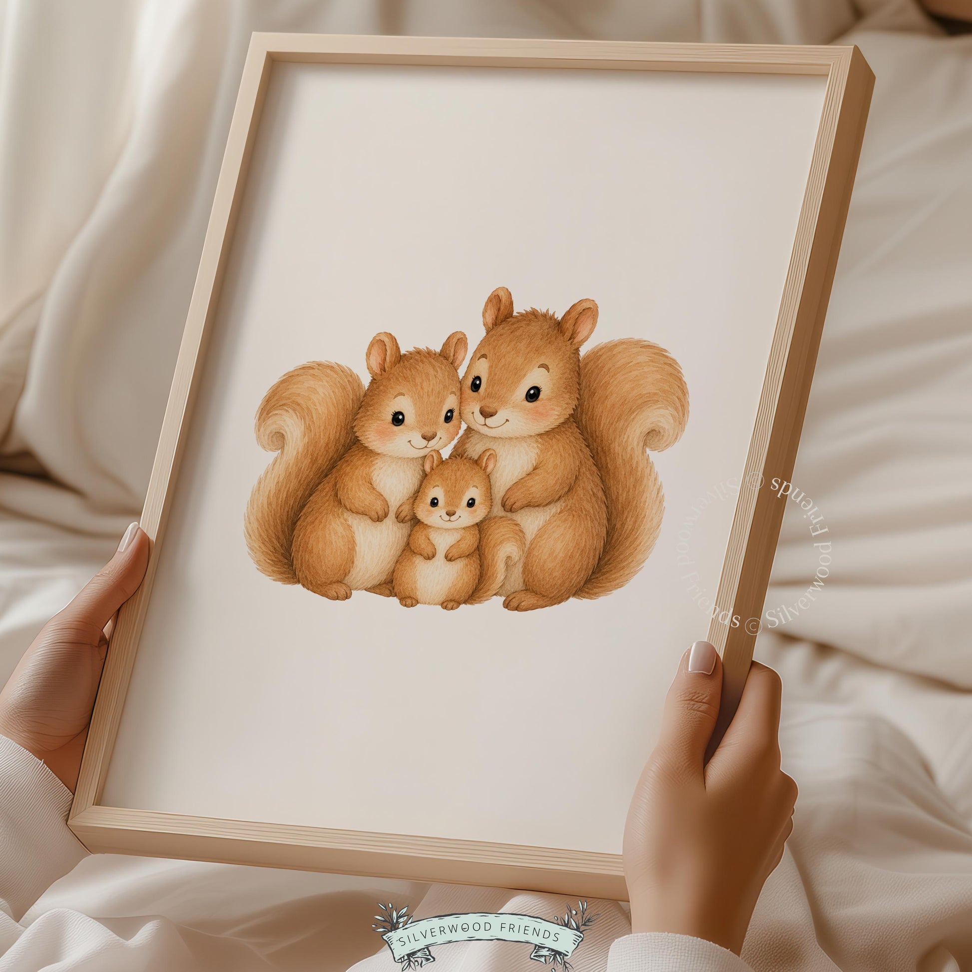 Animal family wall art for toddler room — gentle watercolor squirrels in neutral woodland theme