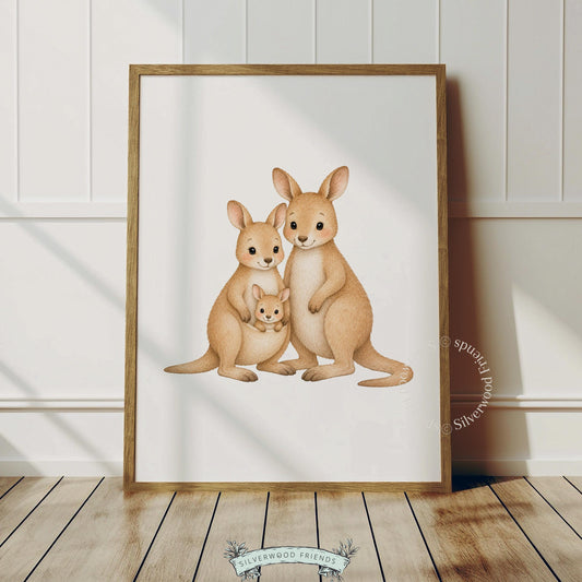 Kangaroo family portrait printable art for nursery — soft watercolor design with warm sandy tones