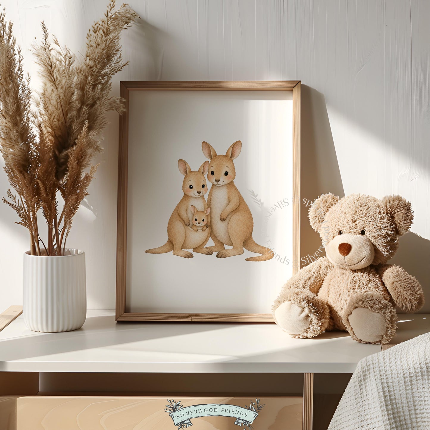 Adorable australian animal family wall print for nursery — three gentle kangaroos in watercolor style