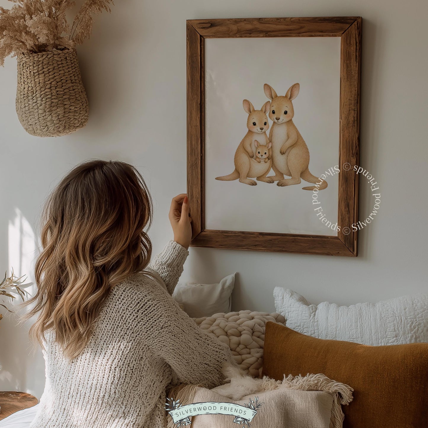 Adorable three-kangaroo family painting digital download for nursery — soft illustration with clean design