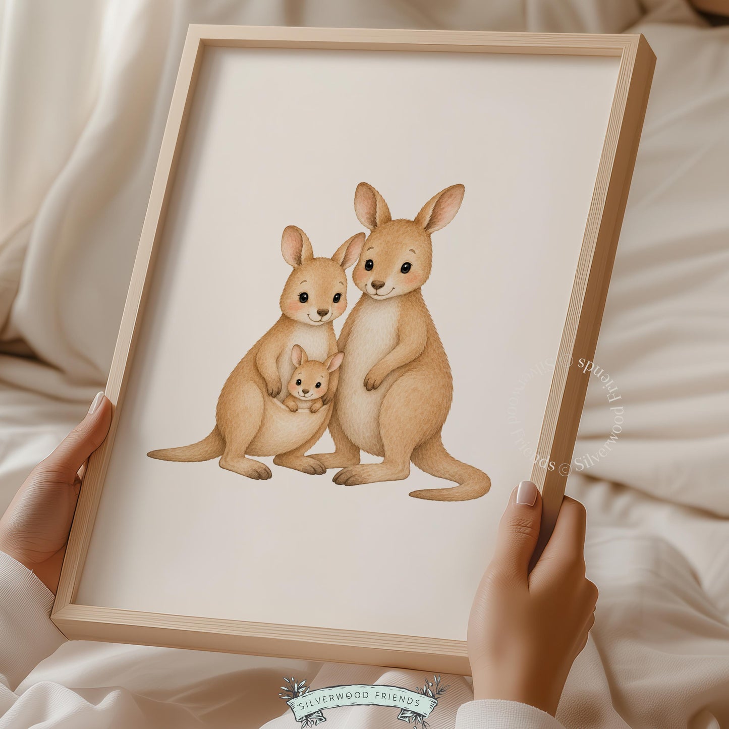 Sweet family animal portrait wall art for neutral nursery — three soft-toned kangaroos watercolor style