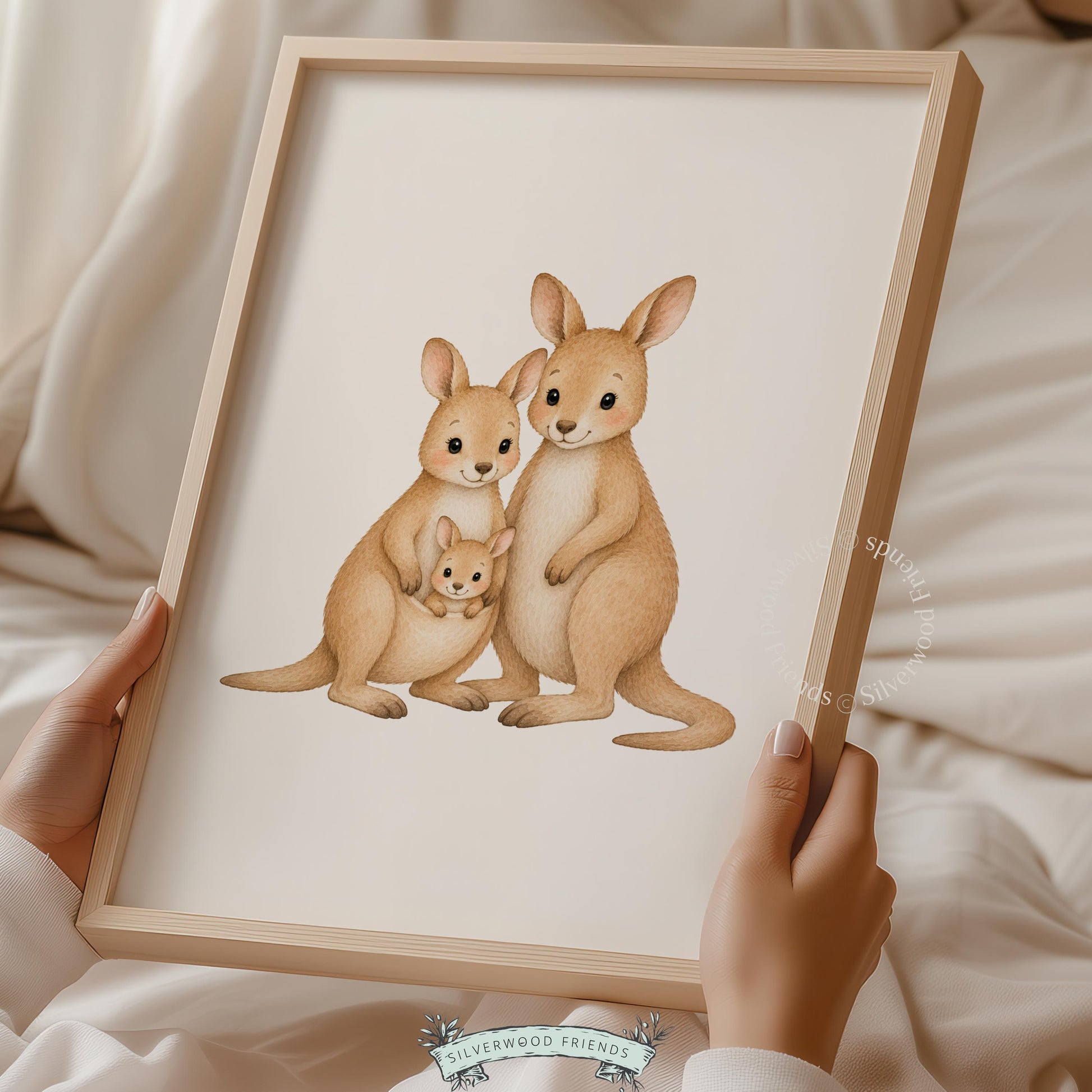Sweet family animal portrait wall art for neutral nursery — three soft-toned kangaroos watercolor style