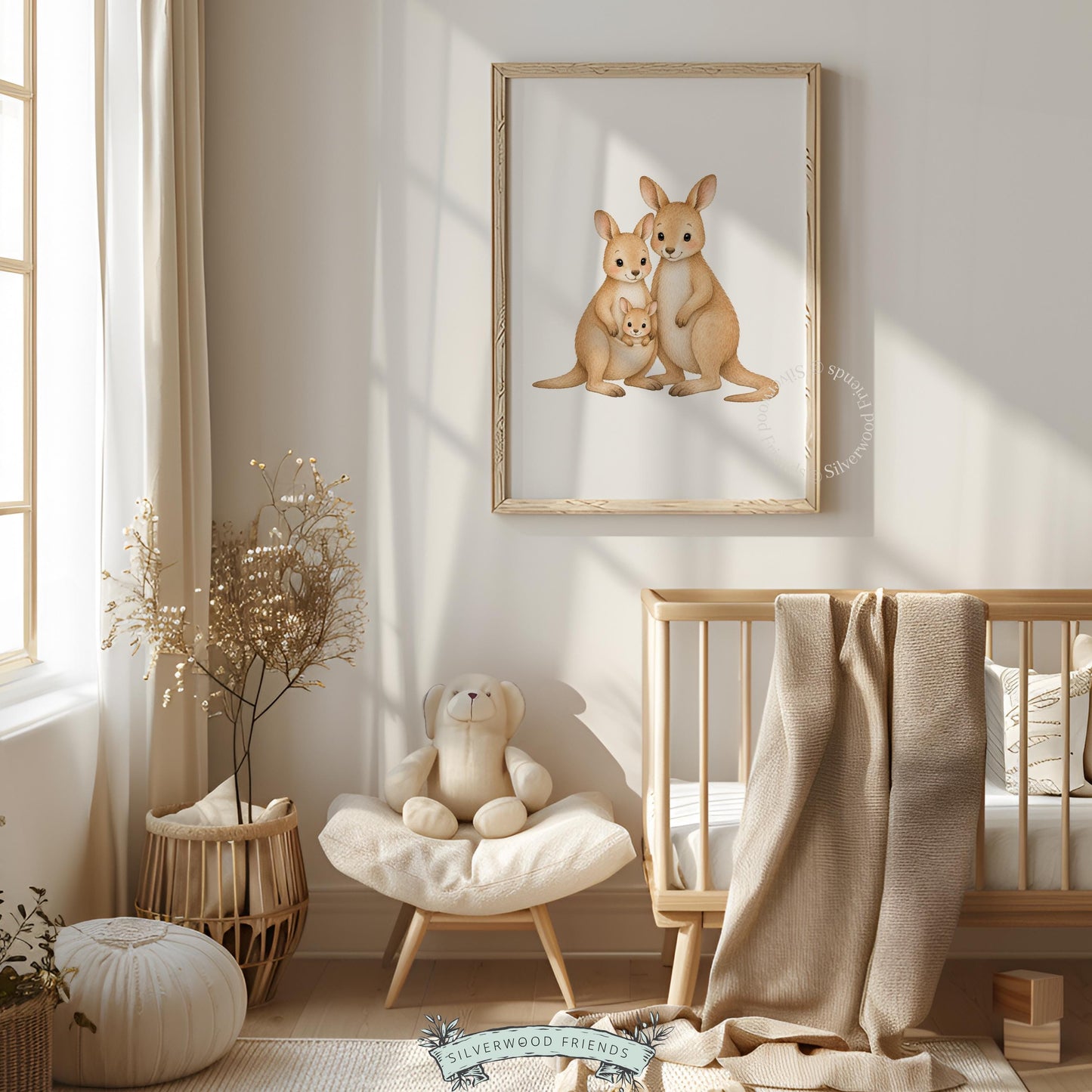 Loving marsupial trio wall art poster for kids bedroom — peaceful watercolor aesthetic in neutral tones