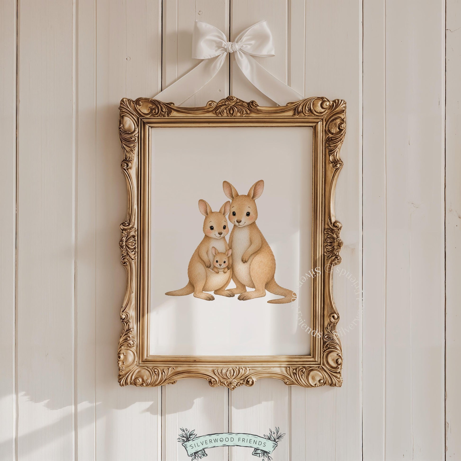 Gentle kangaroo household poster print for baby room — soothing watercolor with warm earth palette