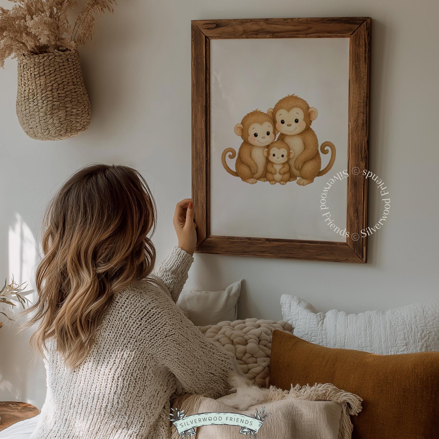 Cute primate baby with grown-ups picture for kids room — warm watercolor palette with tender emotion