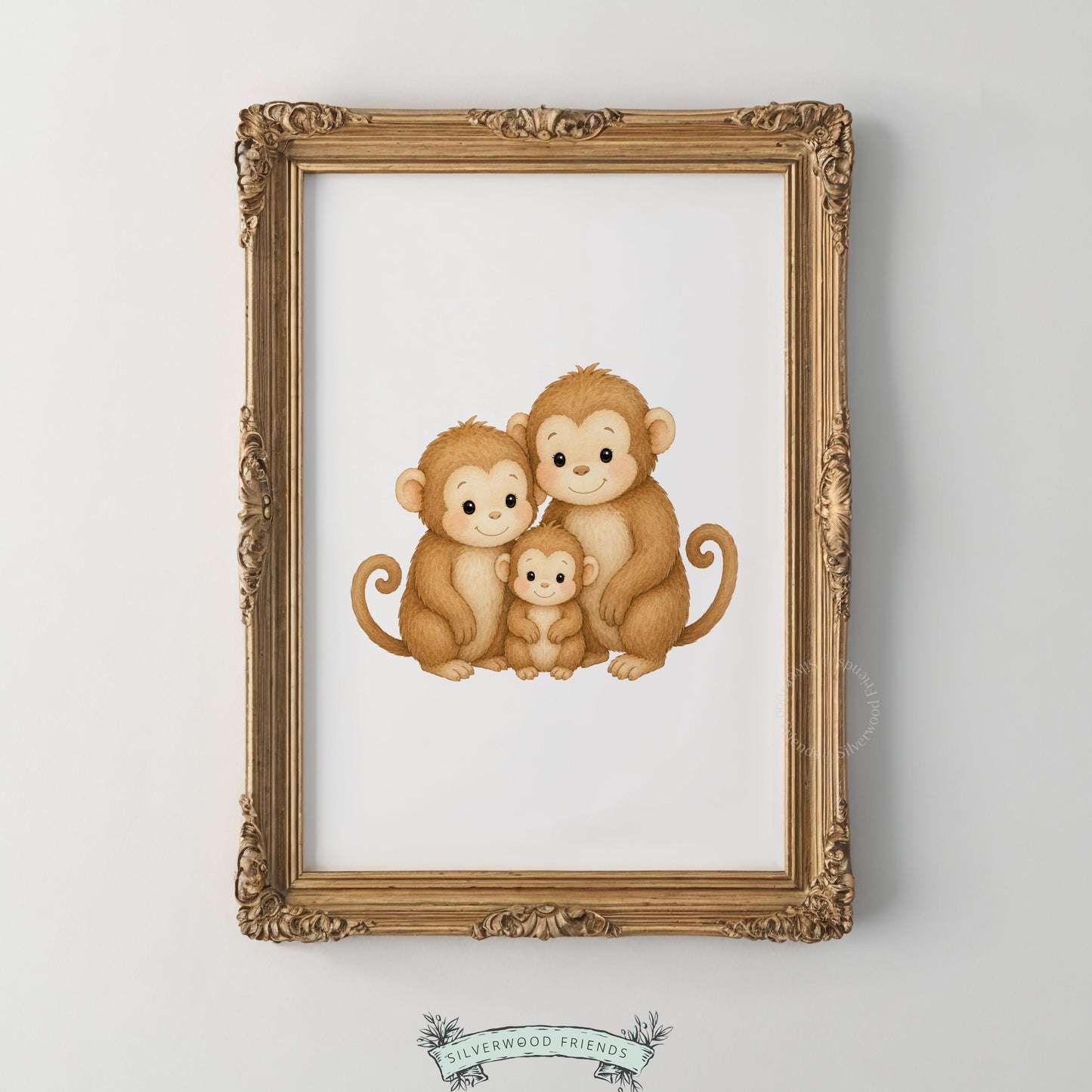 Woodland monkey trio instant download artwork — cozy family portrait in soft earth tones for playroom