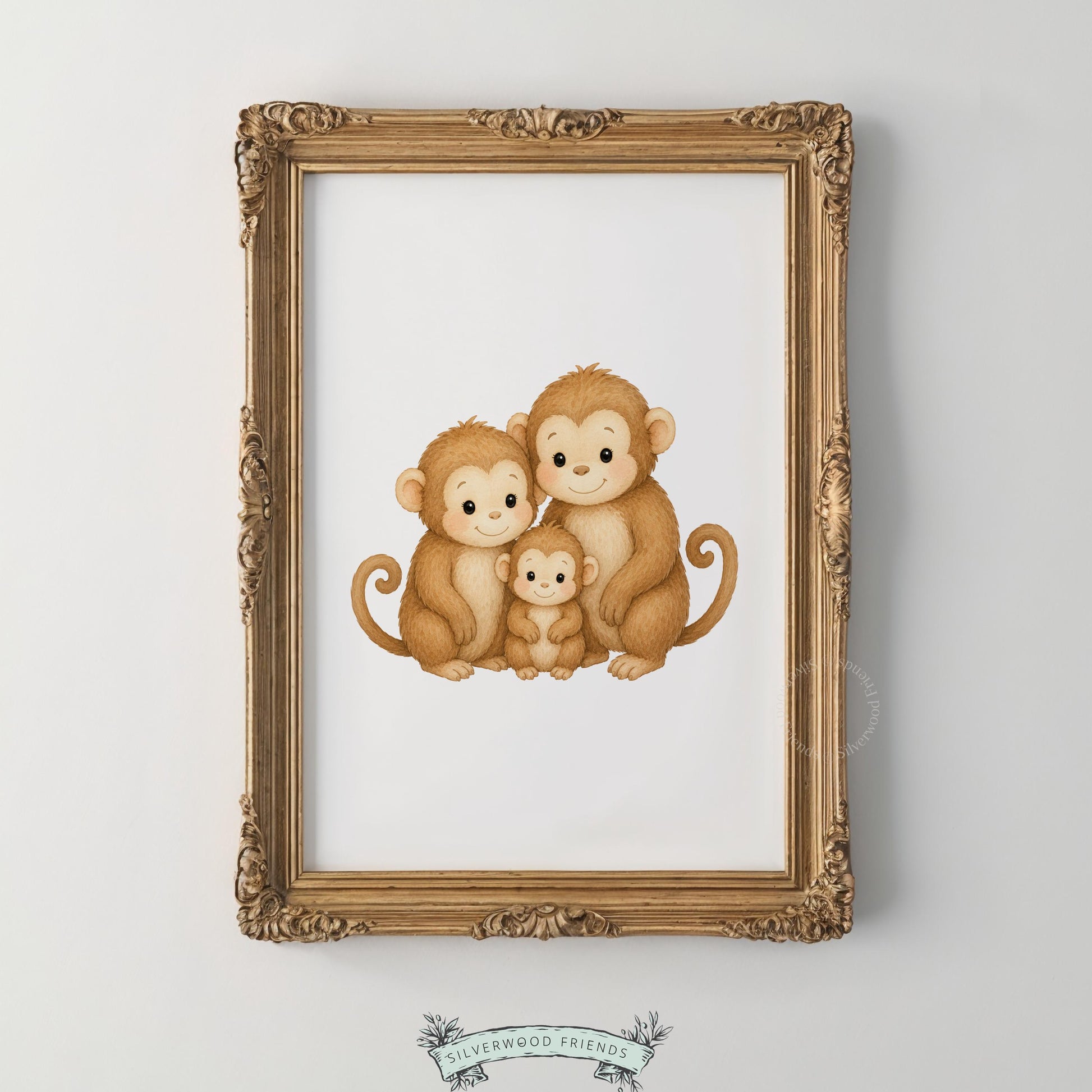 Woodland monkey trio instant download artwork — cozy family portrait in soft earth tones for playroom