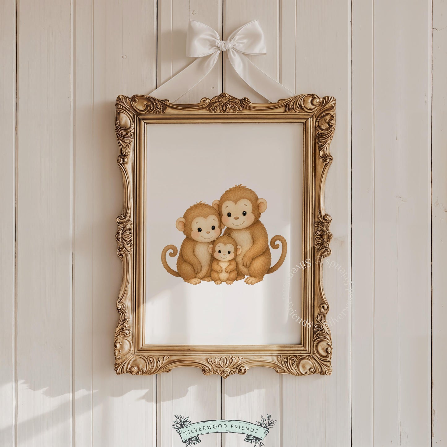 Sweet monkey family portrait instant download — three creatures in cozy illustrated pose for nursery walls