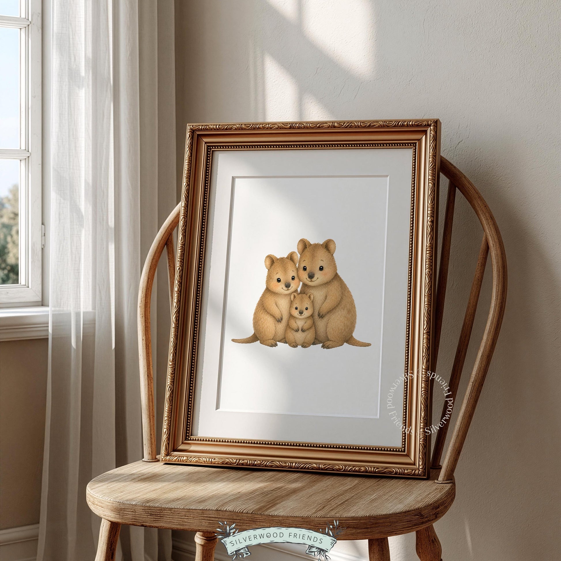 Baby quokka with parent animals digital print for kids room — gentle rounded style in neutral earth tones