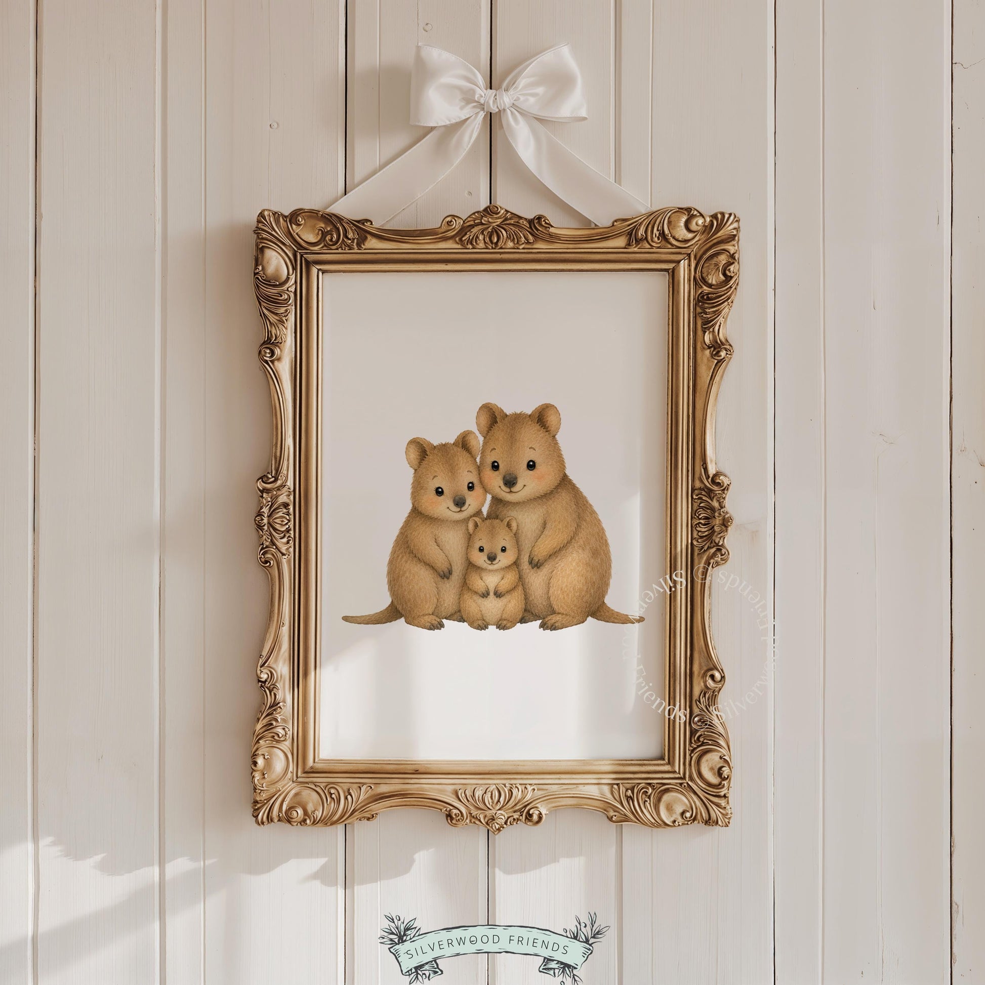 Sweet marsupial trio instant download art for kids room — cozy watercolor family portrait in natural tones