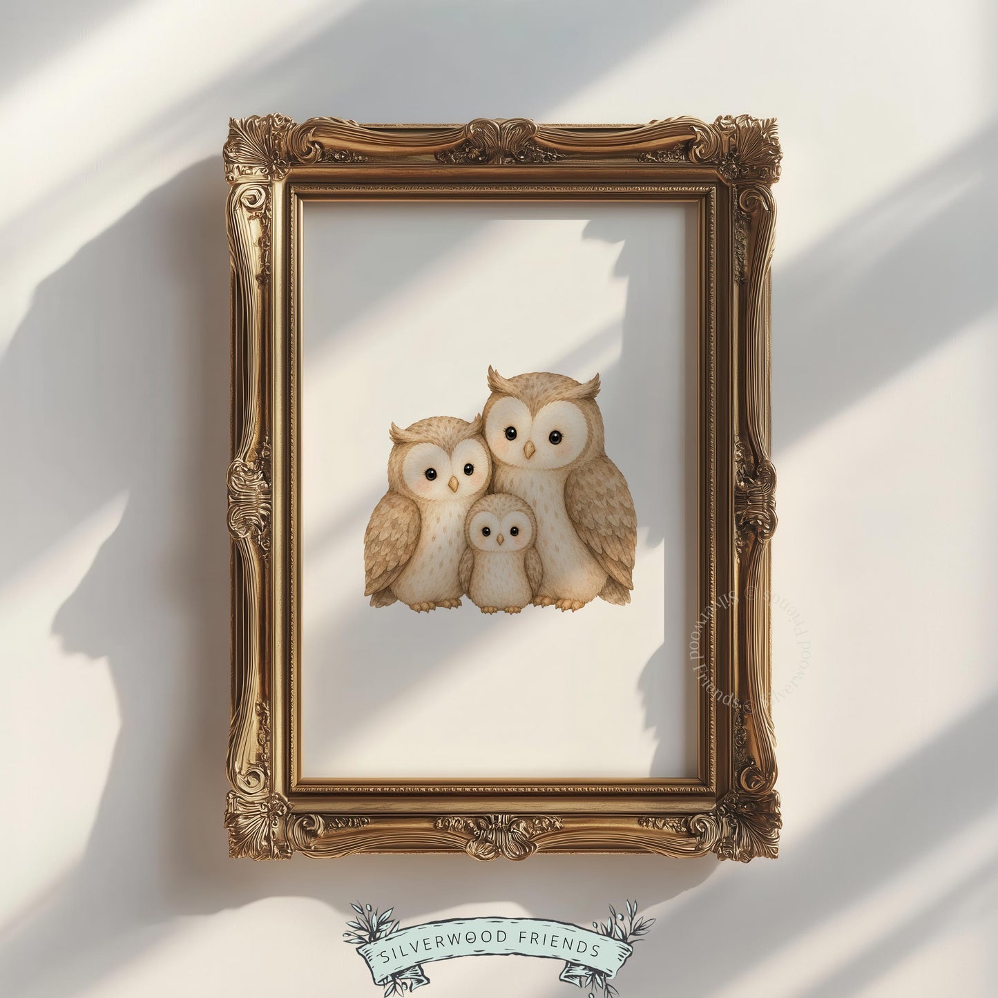 Gentle owl trio printable art for baby room — soft woodland scene with caring family portrait theme