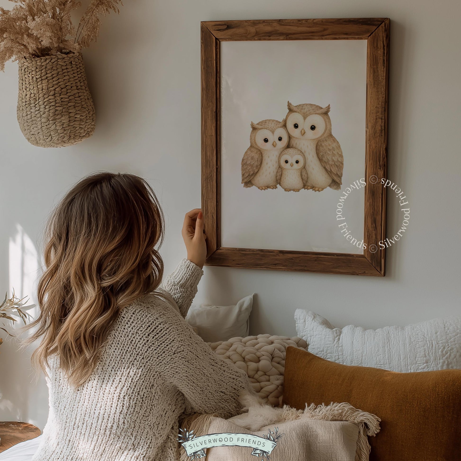 Cute owl nursery poster — three-bird family portrait with soft woodland charm and warm neutral colors