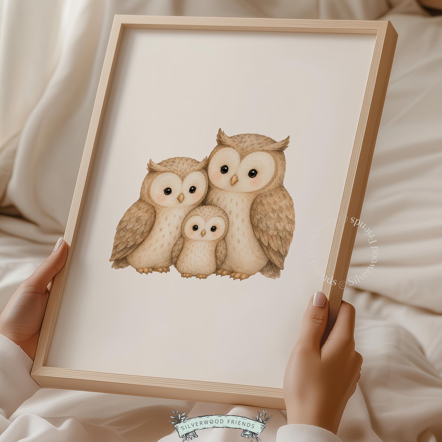 Sweet owl family picture for toddler nursery — gentle woodland art with parent birds and tiny chick in front