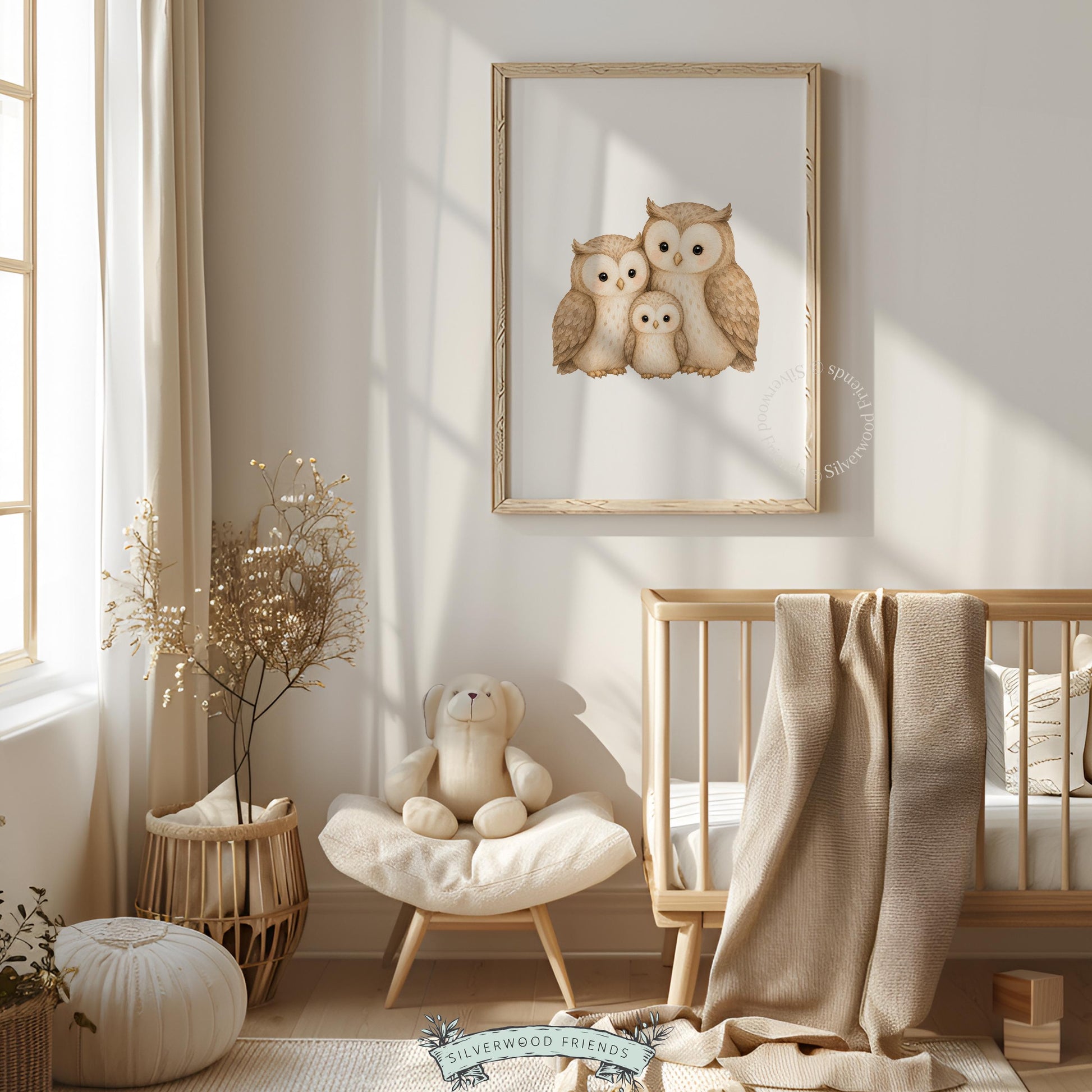 Three owls digital print for baby room — cozy family portrait with soft earthy palette and nursery aesthetic