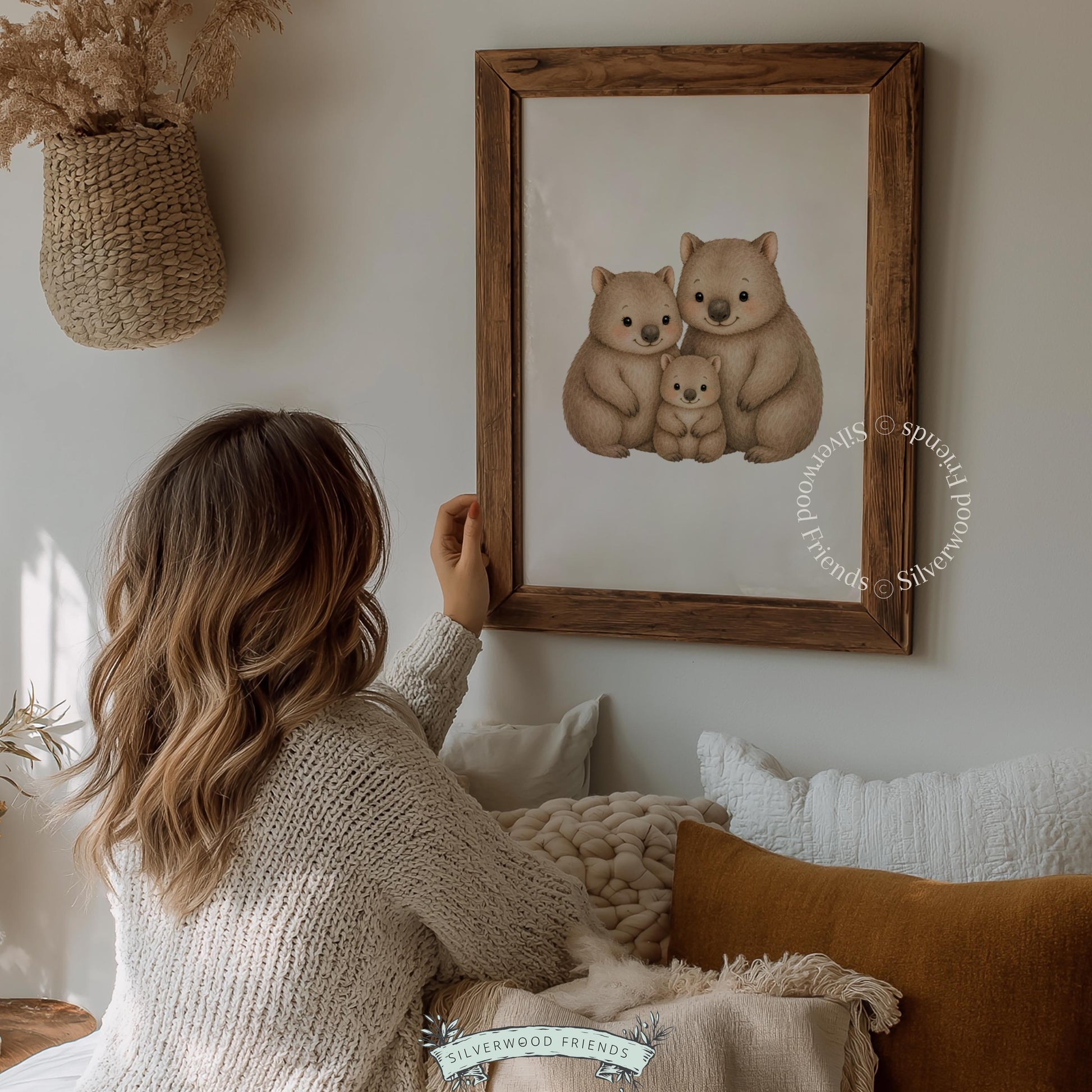 Baby and parent wombat artwork poster for toddler room — charming Australian family scene in soft pencil-wash with warm palette