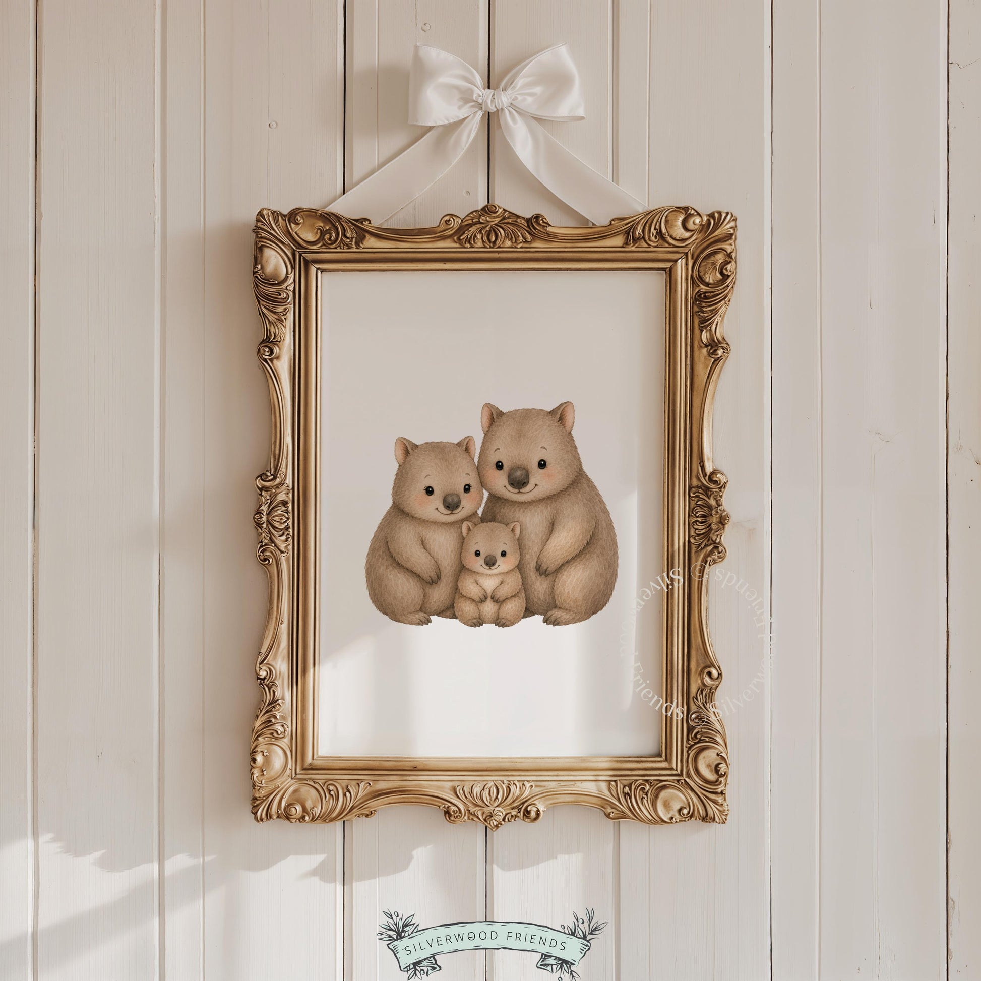 Three marsupial friends print for toddler room — adorable wombat family art in watercolor style with calming warm tones