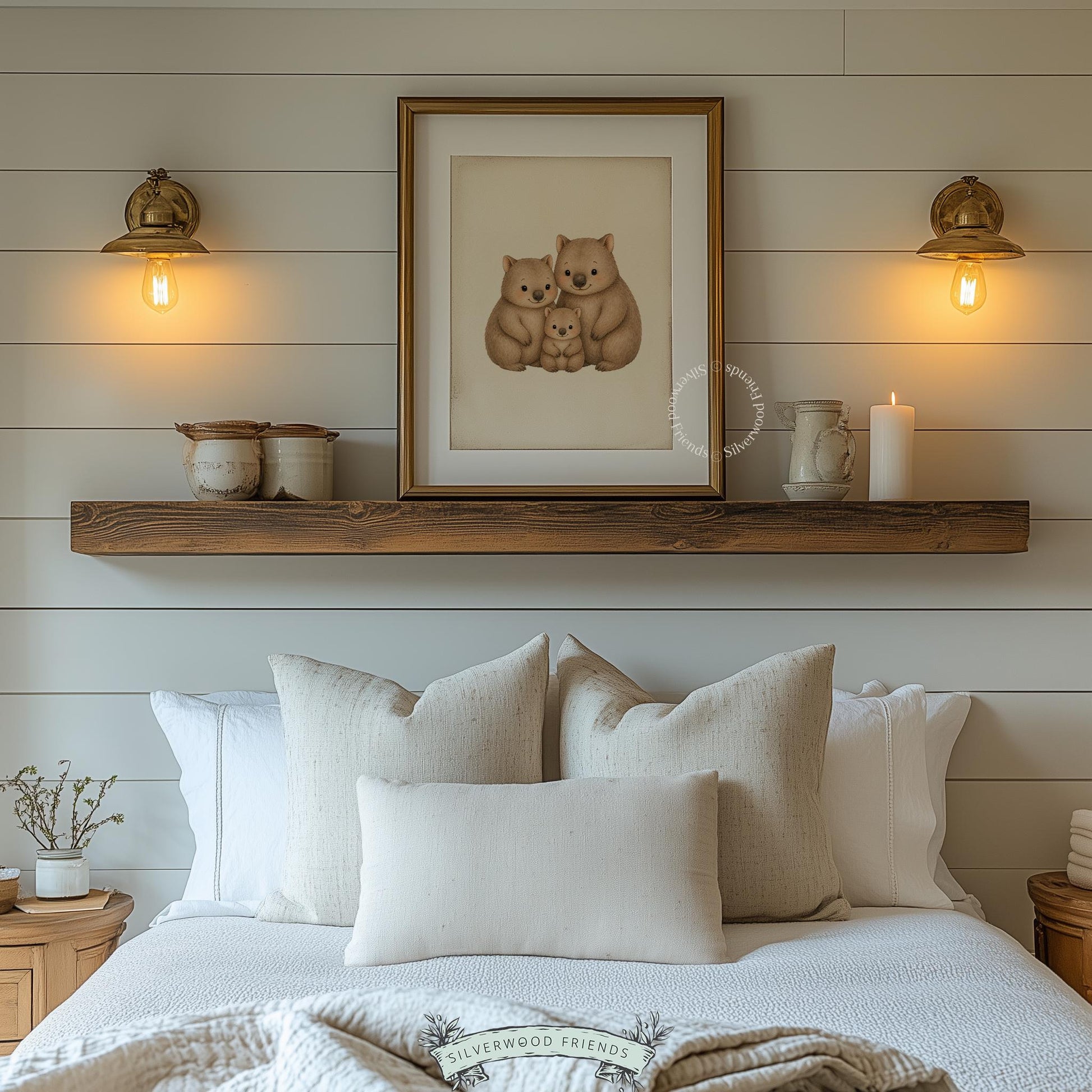 Wombat pack portrait wall art for kids bedroom — cozy family illustration with soft neutral nursery color scheme and shading