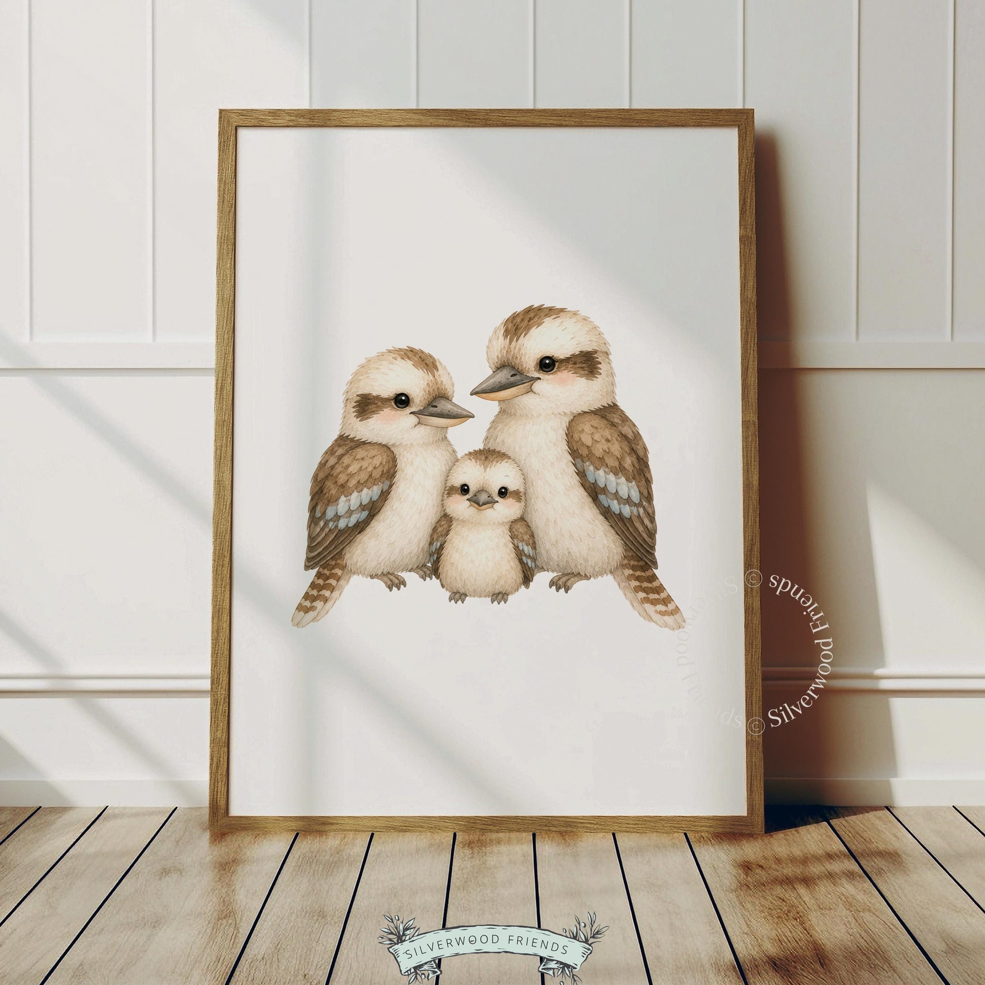 Watercolor kookaburras digital print for neutral nursery — peaceful nature-inspired family portrait