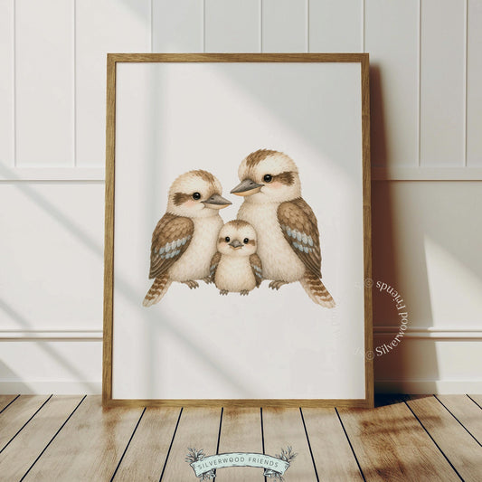 Watercolor kookaburras digital print for neutral nursery — peaceful nature-inspired family portrait