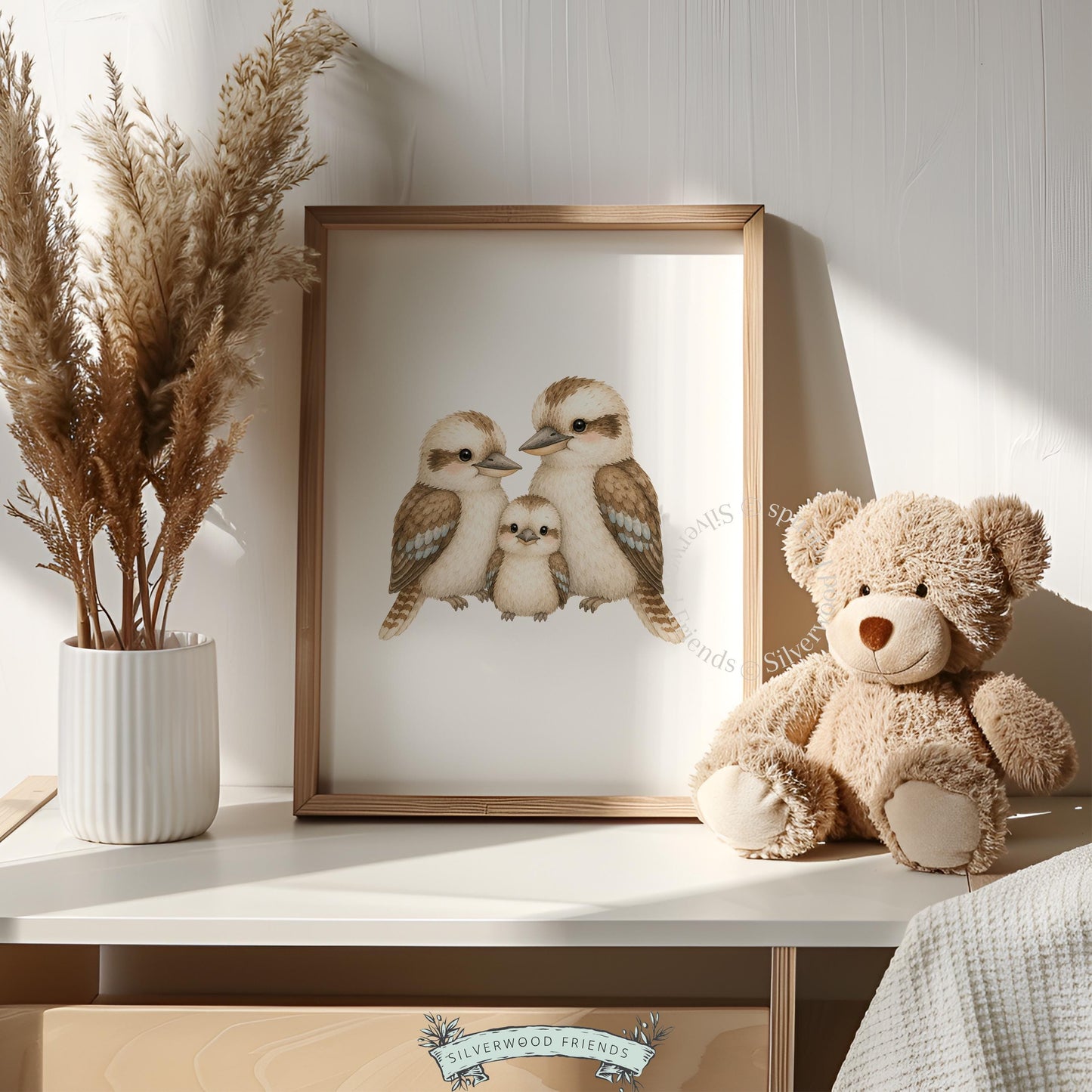 Calming bird artwork printable for baby space — warm taupe and cream with peaceful composition