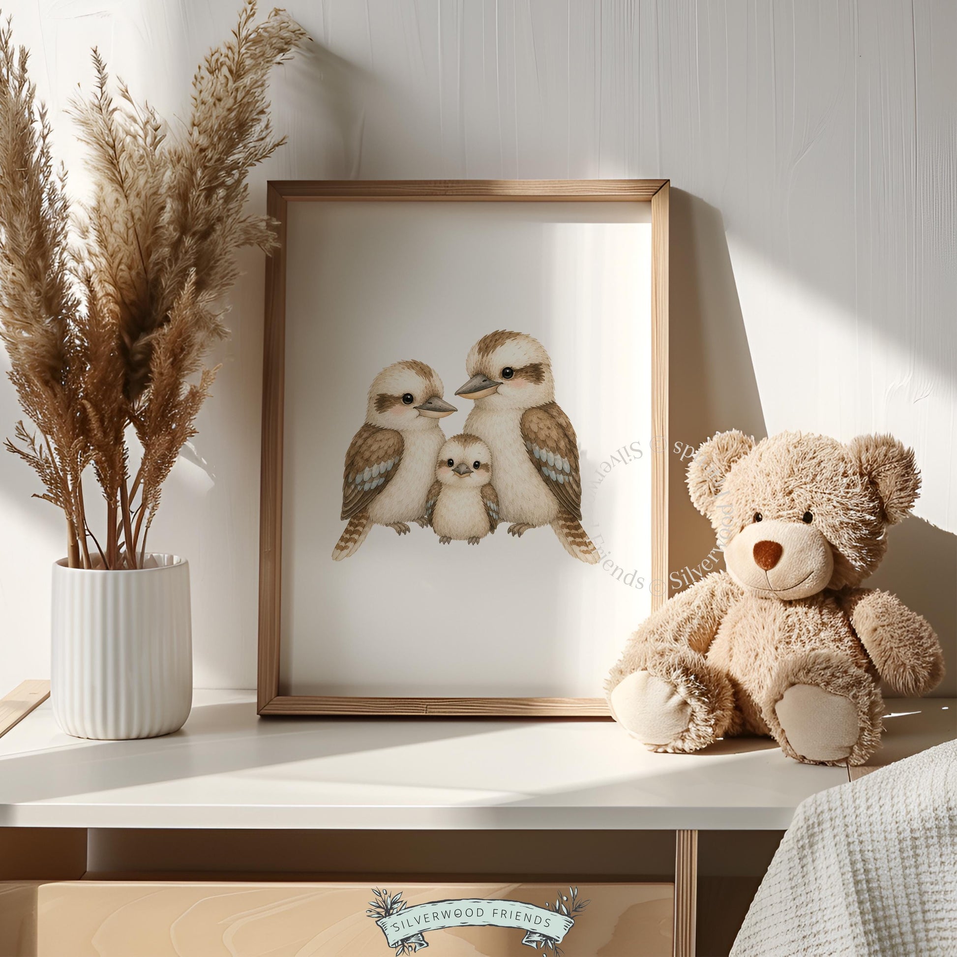 Calming bird artwork printable for baby space — warm taupe and cream with peaceful composition