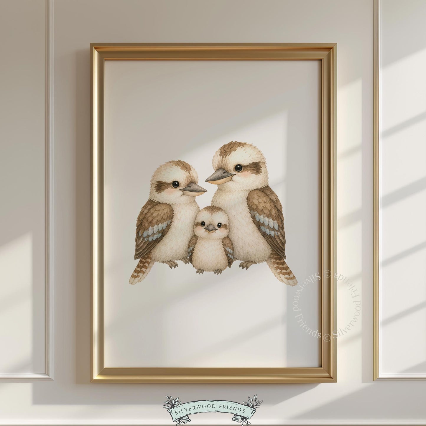 Tender wildlife scene wall art printable — kookaburra parent and chick in muted earth tones