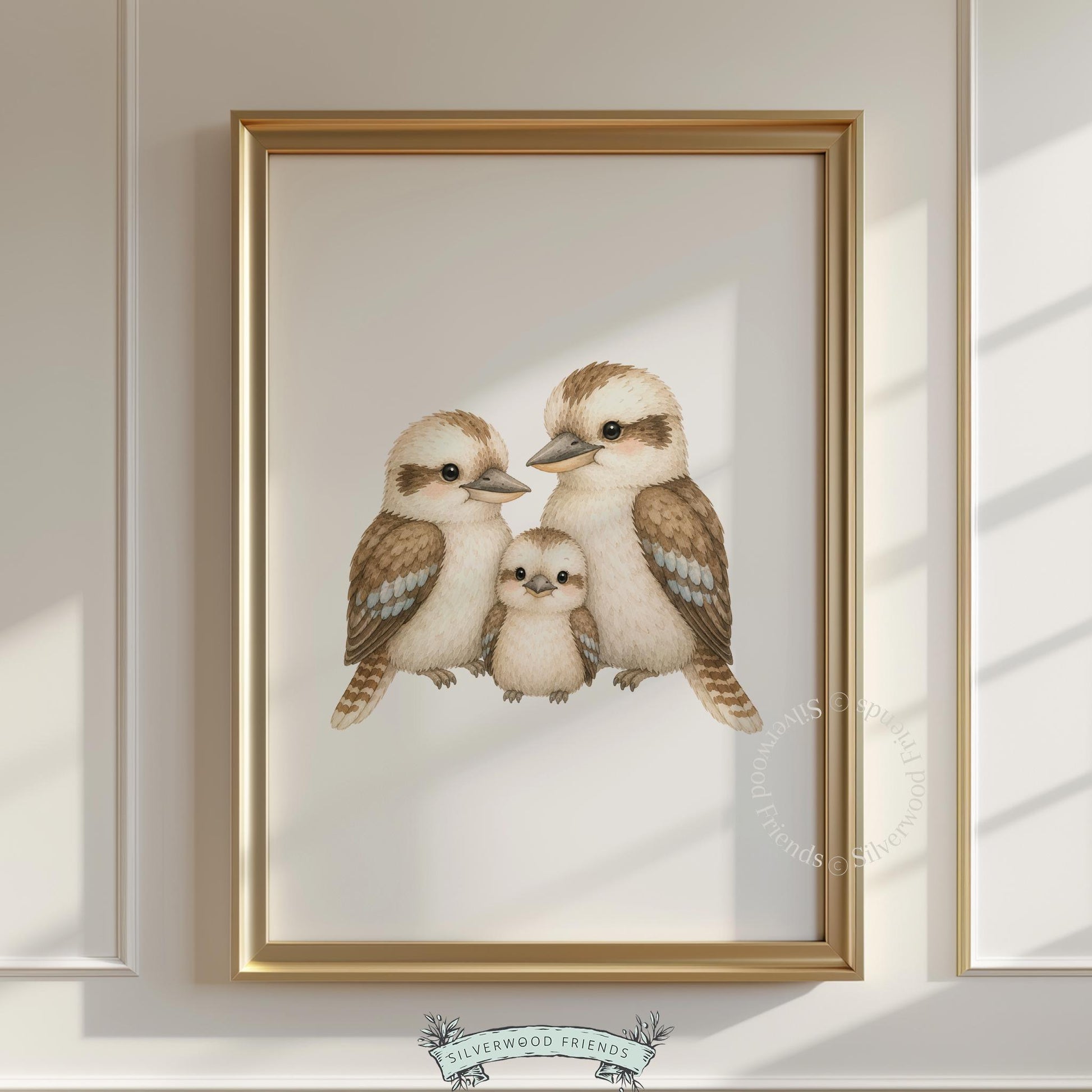 Tender wildlife scene wall art printable — kookaburra parent and chick in muted earth tones