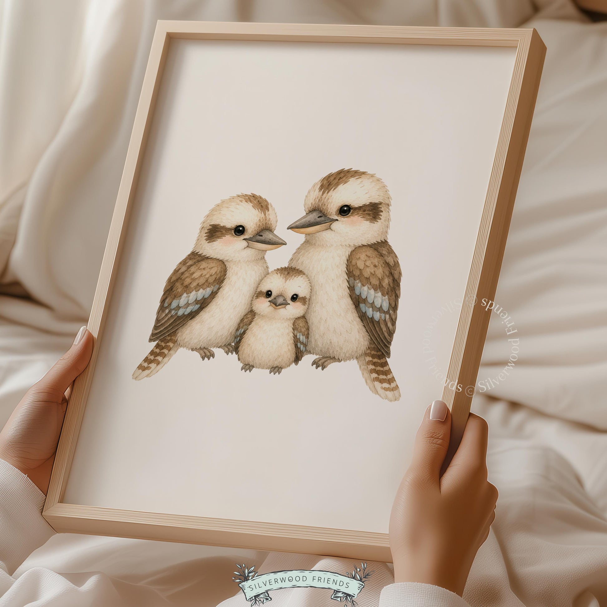Tender woodland bird print for nursery wall — soft watercolor kookaburra family design