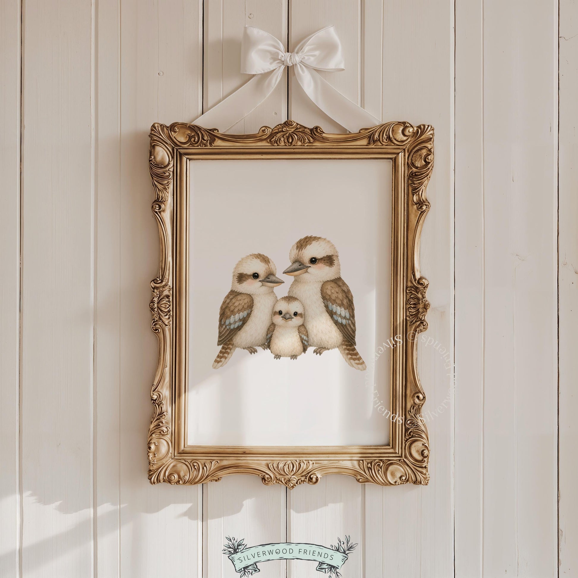 Australian wildlife painting printable art for playroom — soft, cozy kookaburra family scene