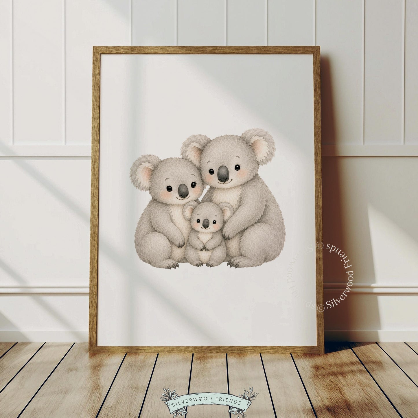 Three koalas hugging wall art for baby room — gentle illustration in neutral colors on white background