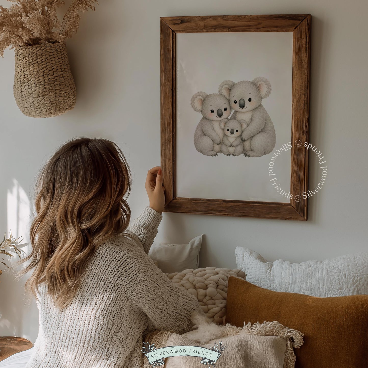 Koala family embrace digital print art for playroom — tender illustration in muted greys and warm neutrals