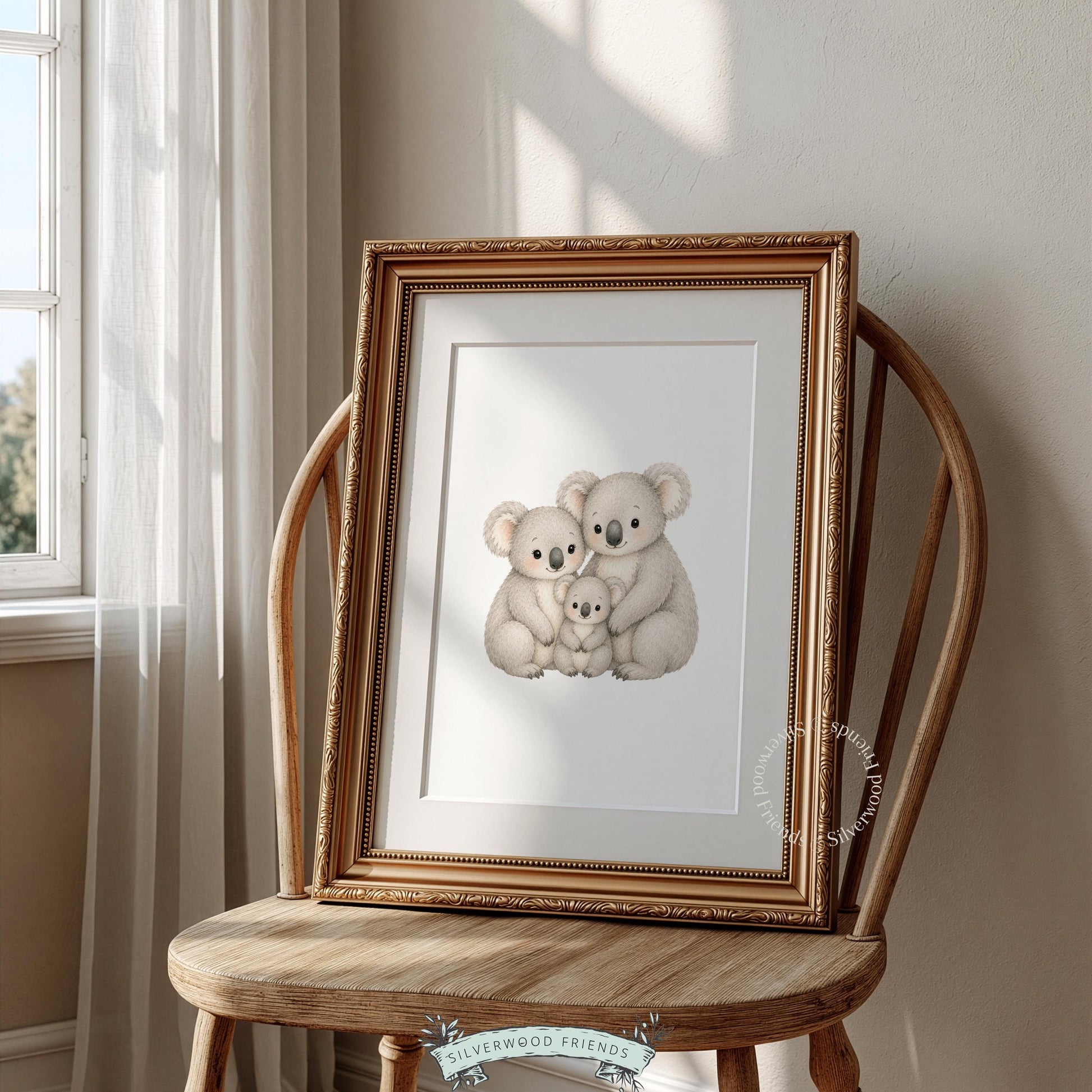 Adorable koala clan poster printable for kids room — calm illustration featuring familial connection theme