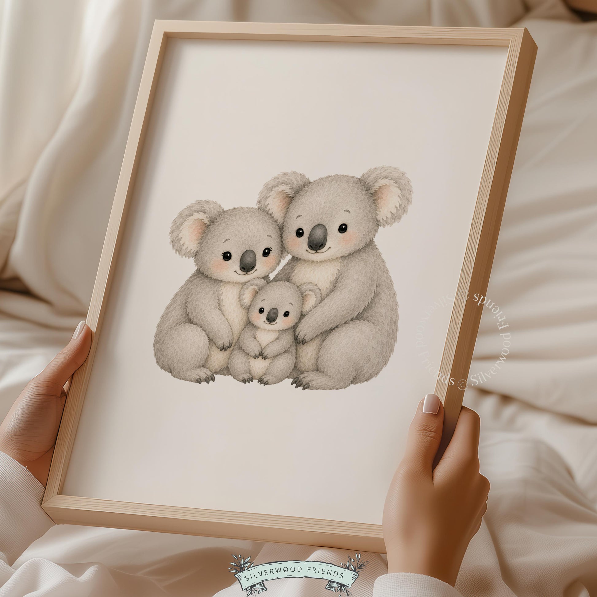 Gentle koala family bonding artwork instant download for nursery — quiet, peaceful illustration style