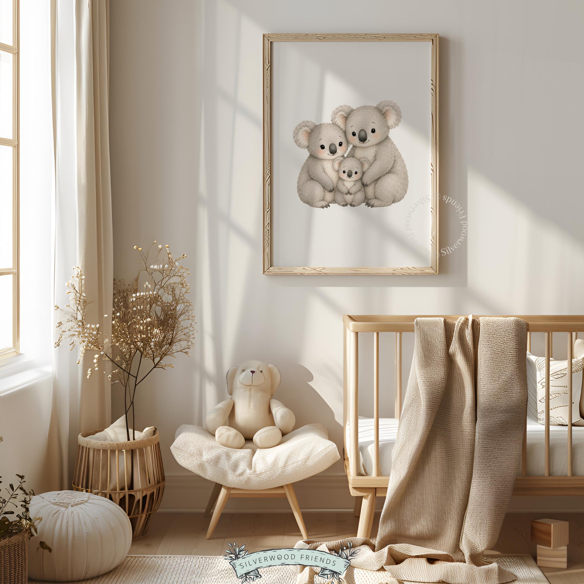 Cute koala trio instant download wall art for nursery — gentle watercolor with beige and grey coloring